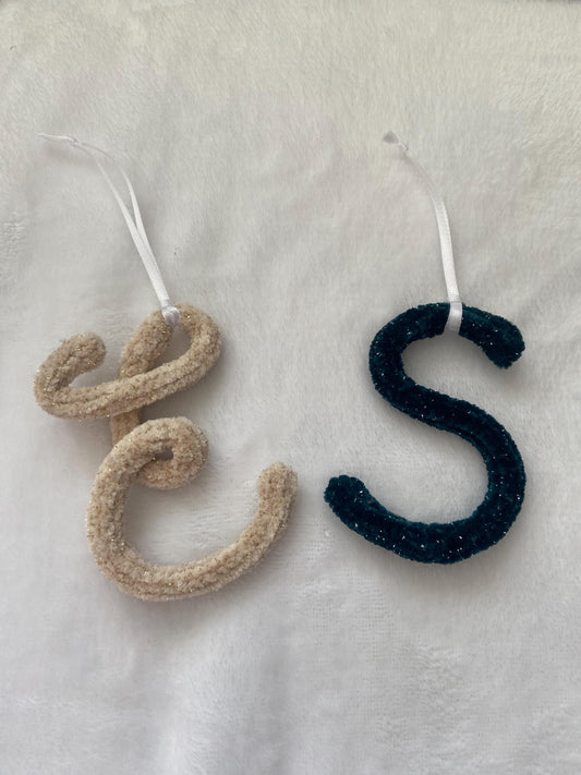 Knitted Velvet Initial Christmas Ornament: Stocking Charm, Christmas Decor