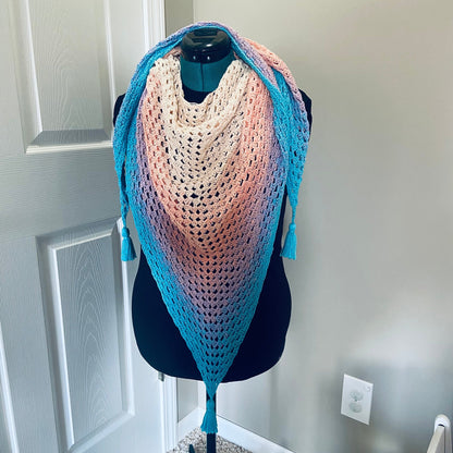 Gradient Shawl Wrap - Women's Fashion Accessory, Handmade Crochet Shawl - Peach to Turquoise
