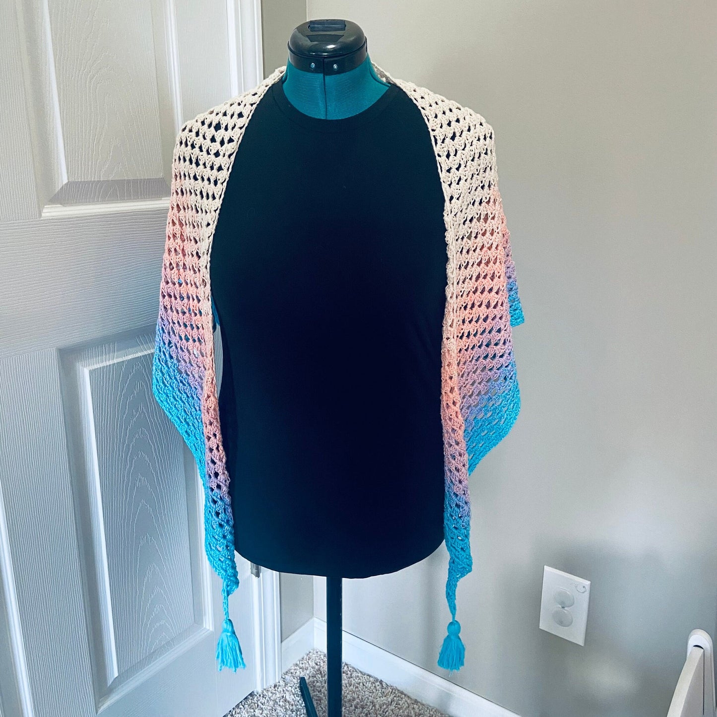 Gradient Shawl Wrap - Women's Fashion Accessory, Handmade Crochet Shawl - Peach to Turquoise