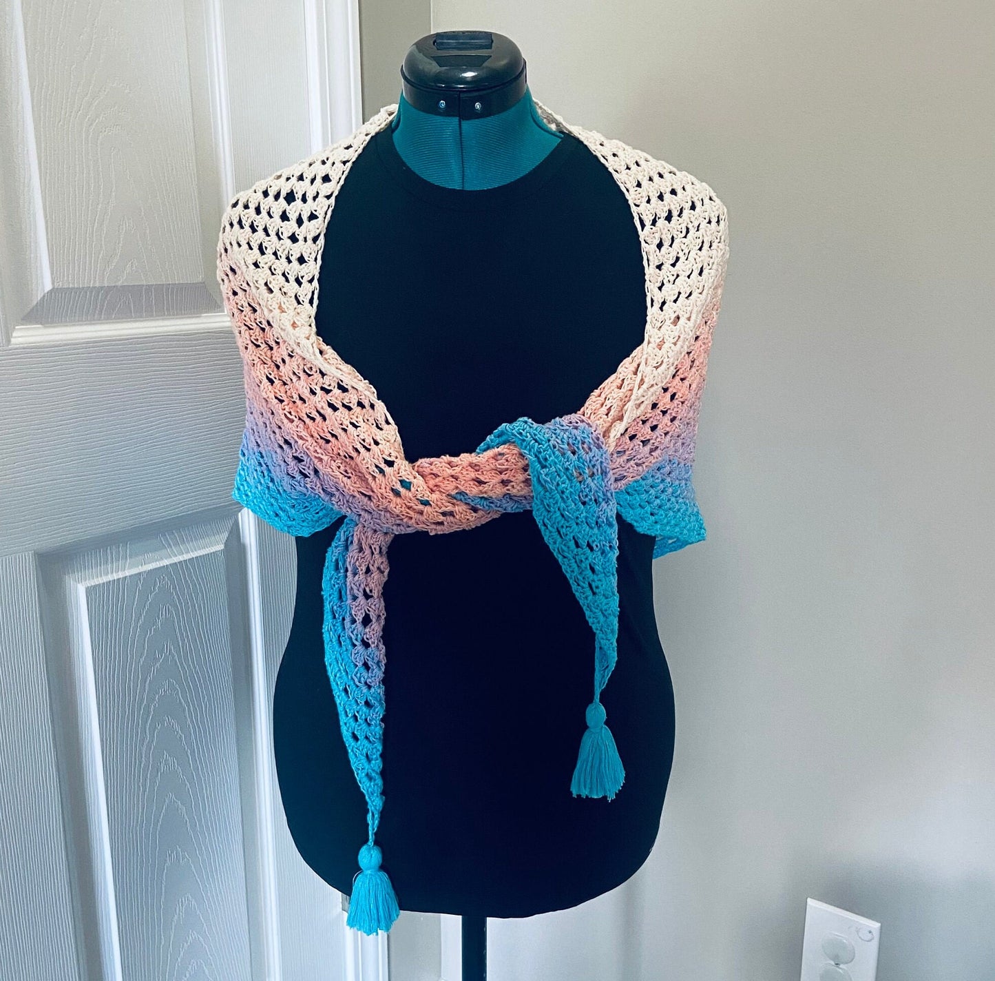 Gradient Shawl Wrap - Women's Fashion Accessory, Handmade Crochet Shawl - Peach to Turquoise