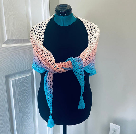 Gradient Shawl Wrap - Women's Fashion Accessory, Handmade Crochet Shawl - Peach to Turquoise