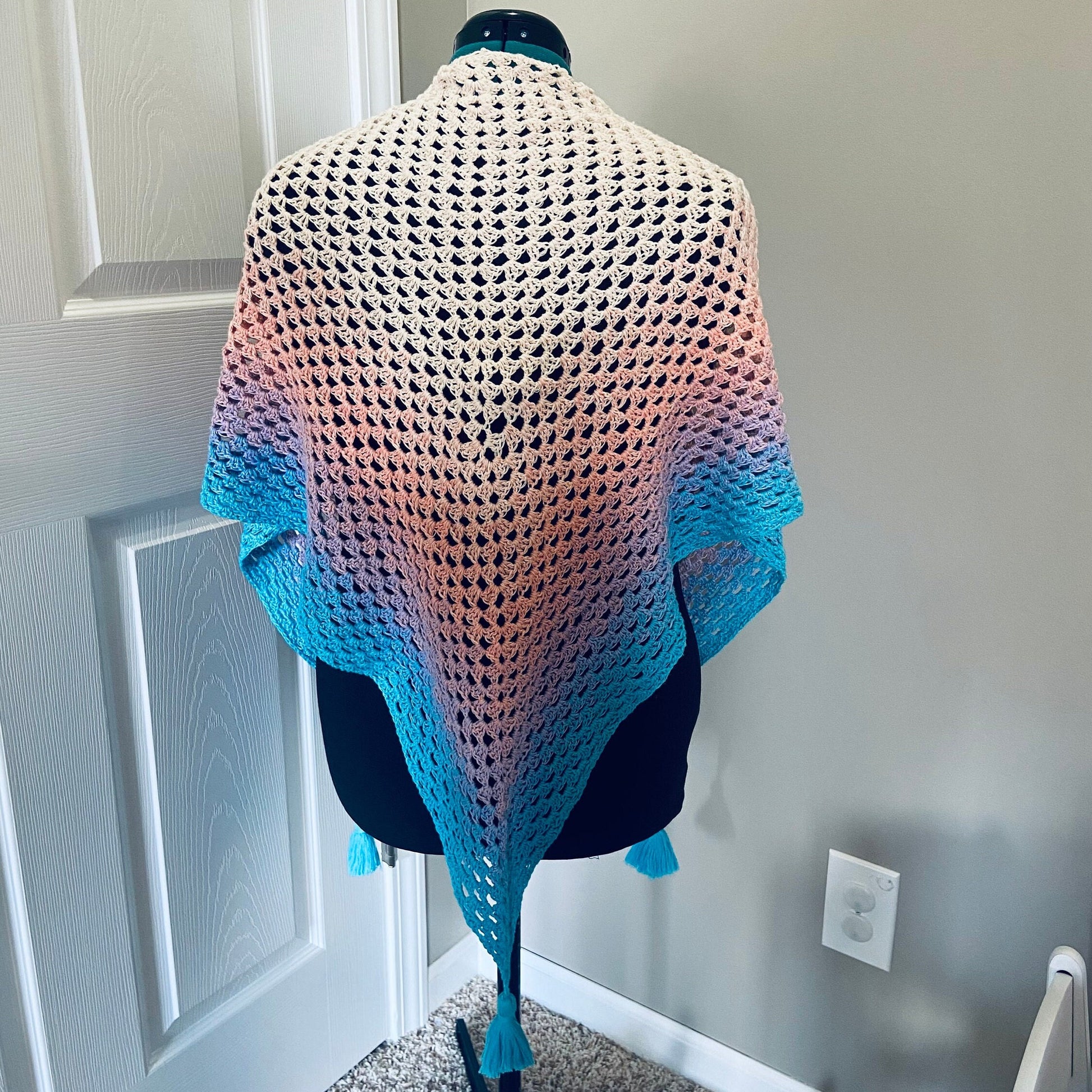 Gradient Shawl Wrap - Women's Fashion Accessory, Handmade Crochet Shawl - Peach to Turquoise
