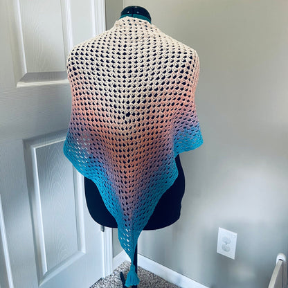 Gradient Shawl Wrap - Women's Fashion Accessory, Handmade Crochet Shawl - Peach to Turquoise