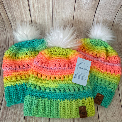 Crocheted Rainbow Beanie – Handmade Acrylic Winter Hat with Pom Pom