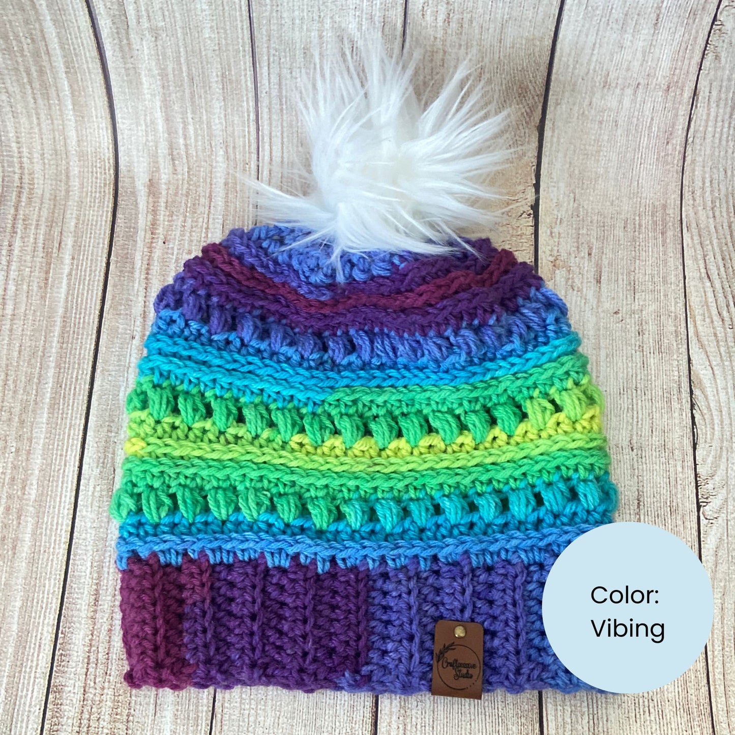 Crocheted Rainbow Beanie – Handmade Acrylic Winter Hat with Pom Pom