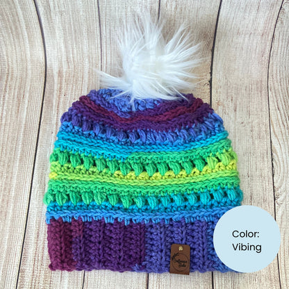 Crocheted Rainbow Beanie – Handmade Acrylic Winter Hat with Pom Pom