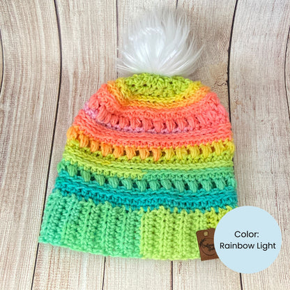 Crocheted Rainbow Beanie – Handmade Acrylic Winter Hat with Pom Pom
