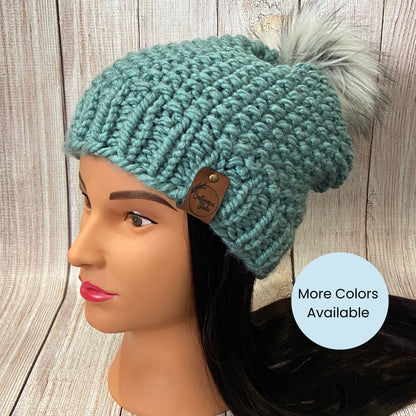 Handknit Chunky Wool Beanie: Pom-pom Winter Hat