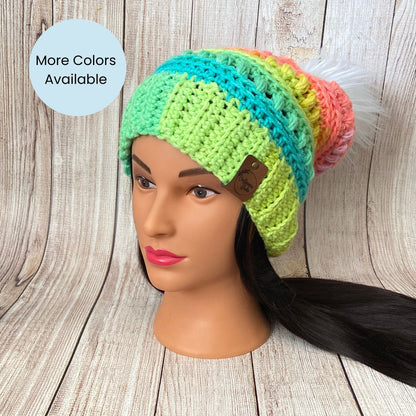 Crocheted Rainbow Beanie – Handmade Acrylic Winter Hat with Pom Pom