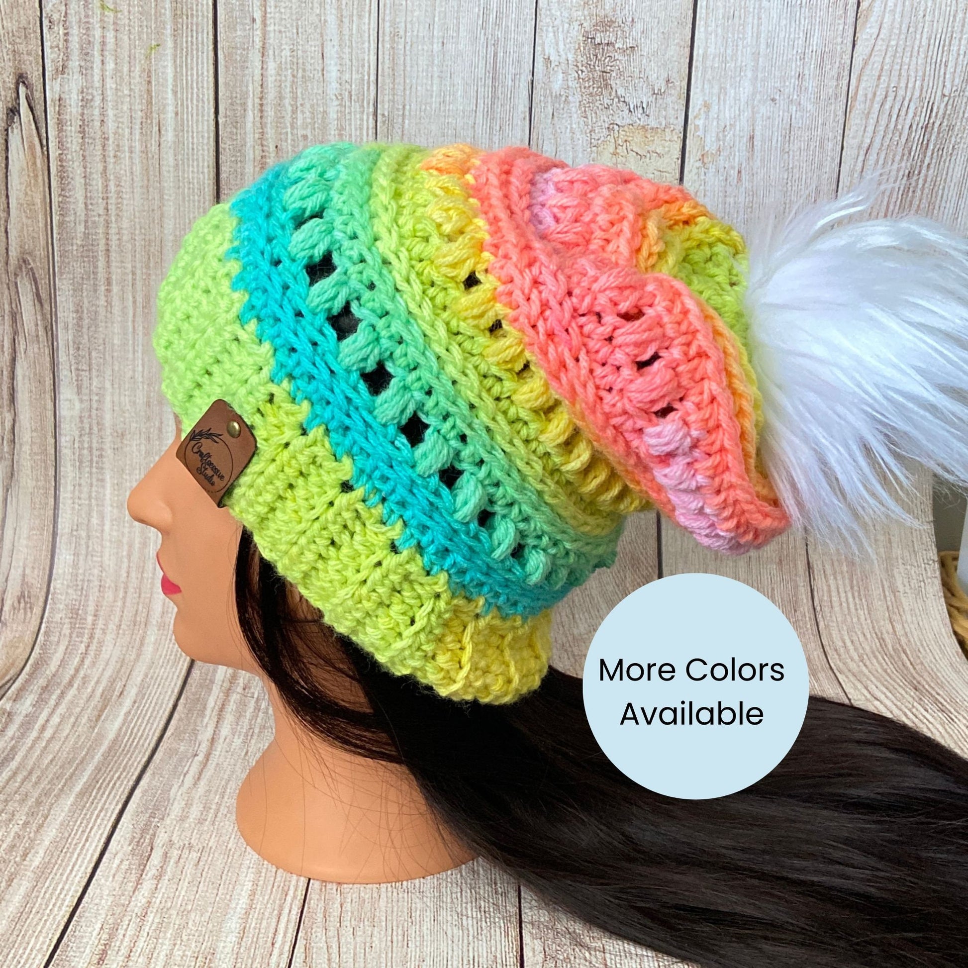 Crocheted Rainbow Beanie – Handmade Acrylic Winter Hat with Pom Pom
