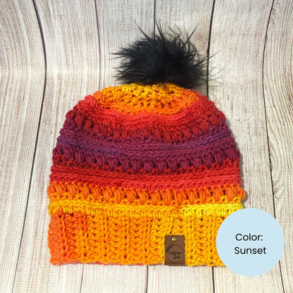 Crocheted Rainbow Beanie – Handmade Acrylic Winter Hat with Pom Pom