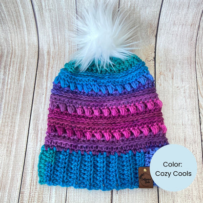 Crocheted Rainbow Beanie – Handmade Acrylic Winter Hat with Pom Pom