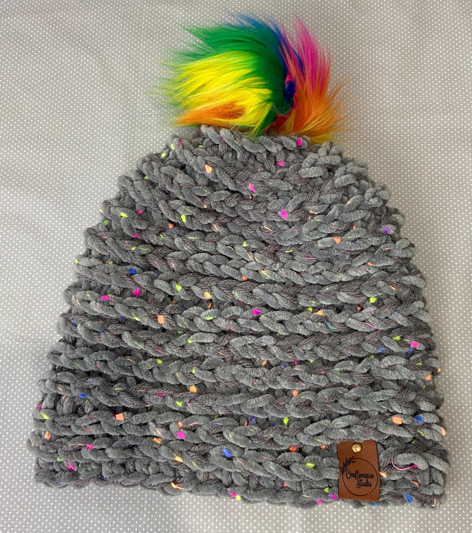 Rainbow Pom Pom Fluffy Knit Hat - Teen/Adult Size
