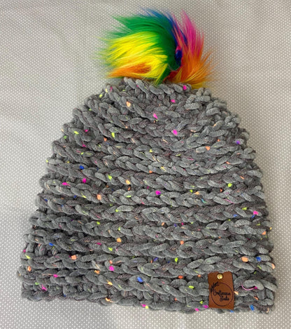 Rainbow Pom Pom Fluffy Knit Hat - Teen/Adult Size