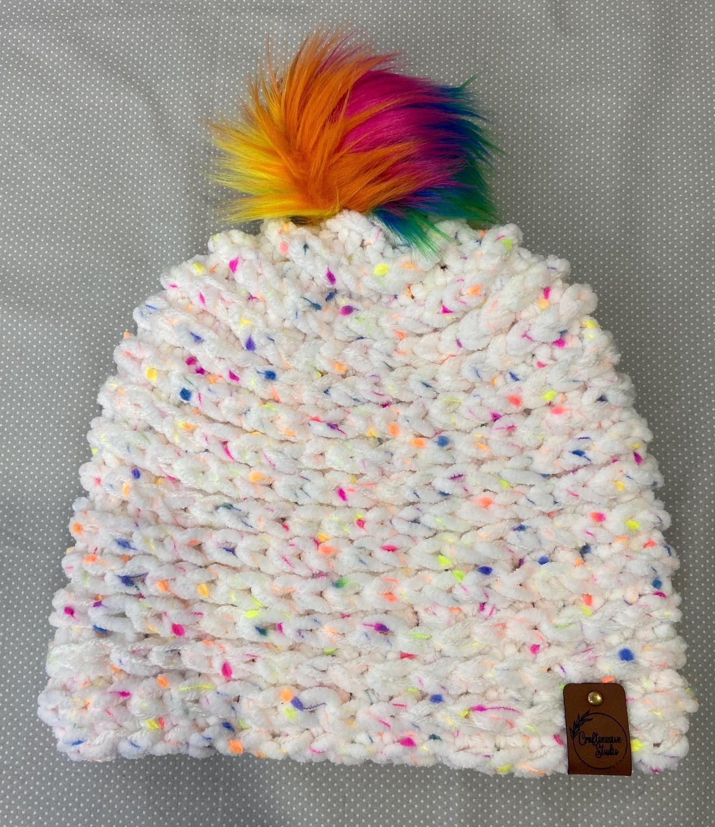 Rainbow Pom Pom Fluffy Knit Hat - Teen/Adult Size