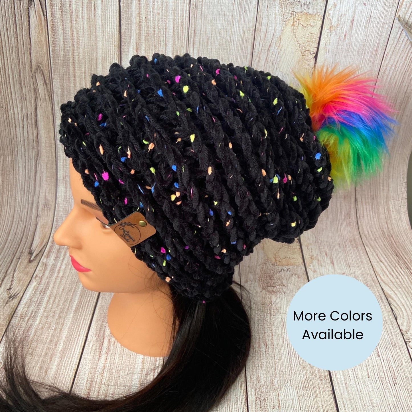 Rainbow Pom Pom Fluffy Knit Hat - Teen/Adult Size