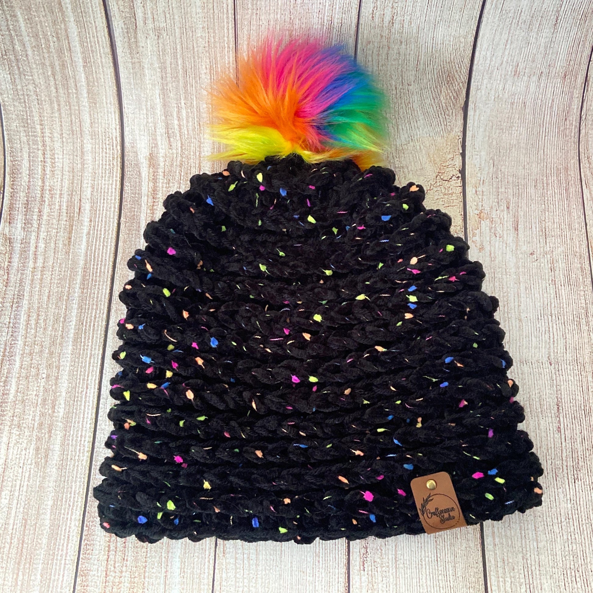 Rainbow Pom Pom Fluffy Knit Hat - Teen/Adult Size