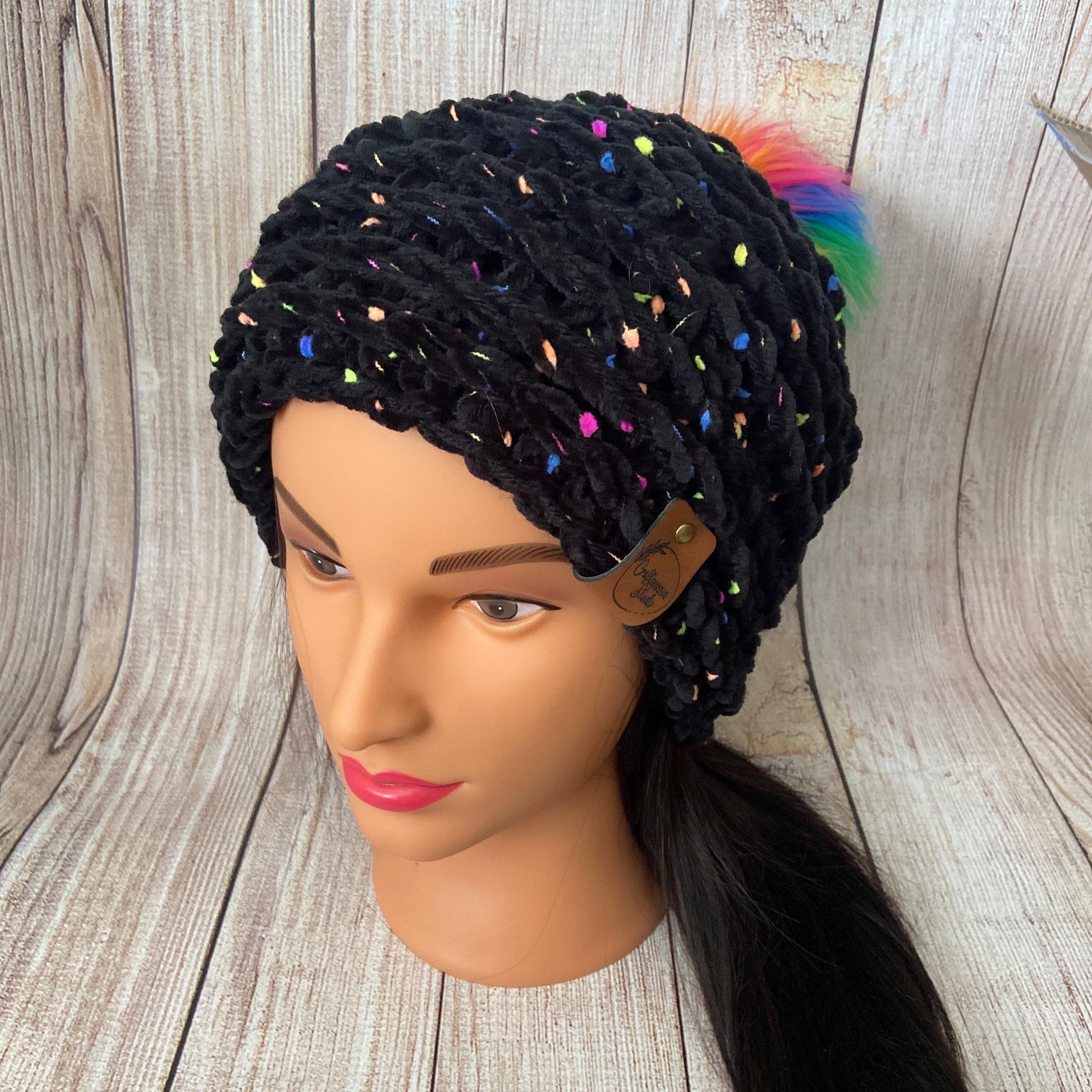 Rainbow Pom Pom Fluffy Knit Hat - Teen/Adult Size
