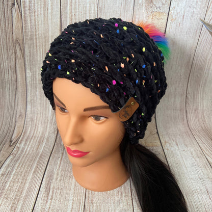 Rainbow Pom Pom Fluffy Knit Hat - Teen/Adult Size