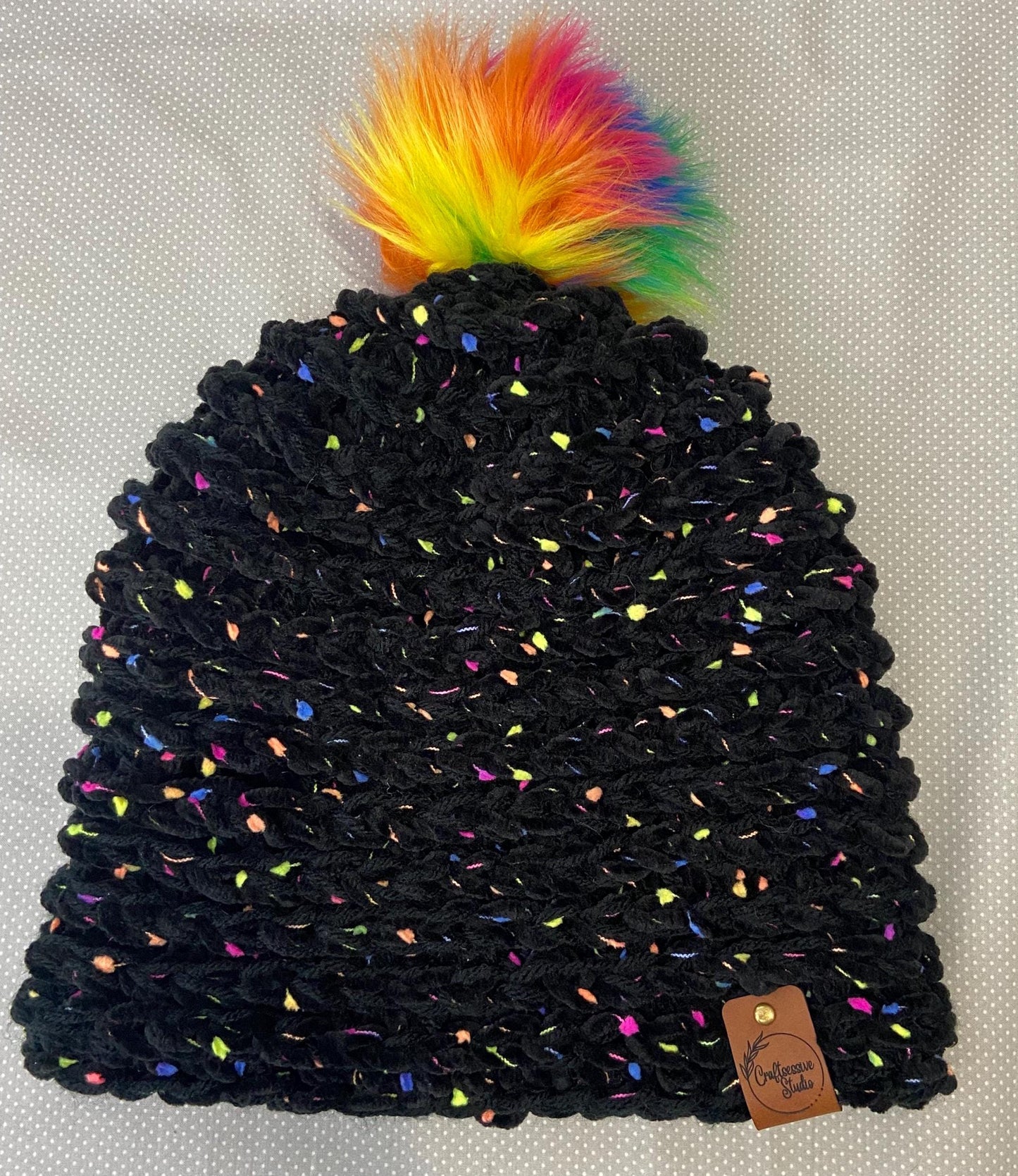 Rainbow Pom Pom Fluffy Knit Hat - Teen/Adult Size