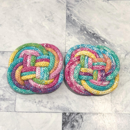 Knotted Coaster, Cork Backed,  Handmade House Warming Gift, Coffee Cup Coaster, 40+ Colors Available