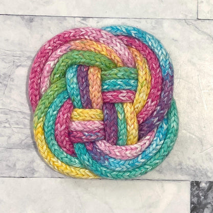Knotted Coaster, Cork Backed,  Handmade House Warming Gift, Coffee Cup Coaster, 40+ Colors Available