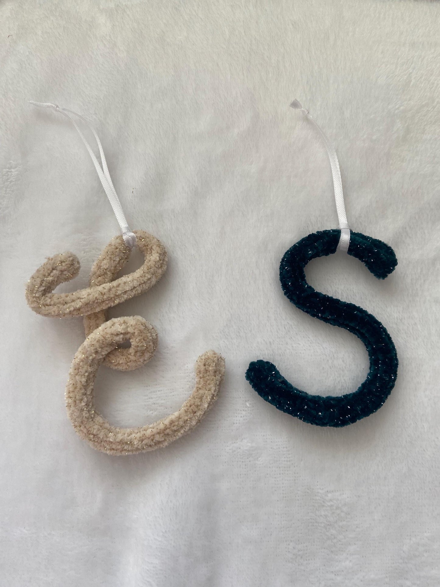 Knitted Velvet Initial Christmas Ornament: Stocking Charm, Christmas Decor
