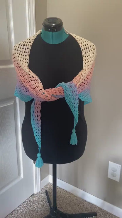 Gradient Shawl Wrap - Women's Fashion Accessory, Handmade Crochet Shawl - Peach to Turquoise